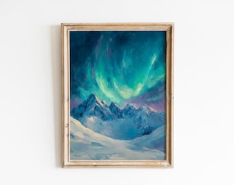 May include: An oil painting of a mountain range under a vibrant aurora borealis. The artwork features snow-covered peaks and a sky filled with swirling shades of teal, purple, and blue. The painting is framed in a light-colored wooden frame.