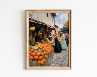 Autumn Village Market with Pumpkins - Rustic Farmhouse Fall Decor, Cozy Old-World Harvest Scene, Vintage Printable Painting, Digital Art 381