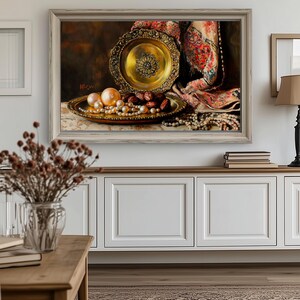 Classical still life painting wall art for hallway — moody artwork featuring pearls and ornate textures, ideal for sophisticated decoration.