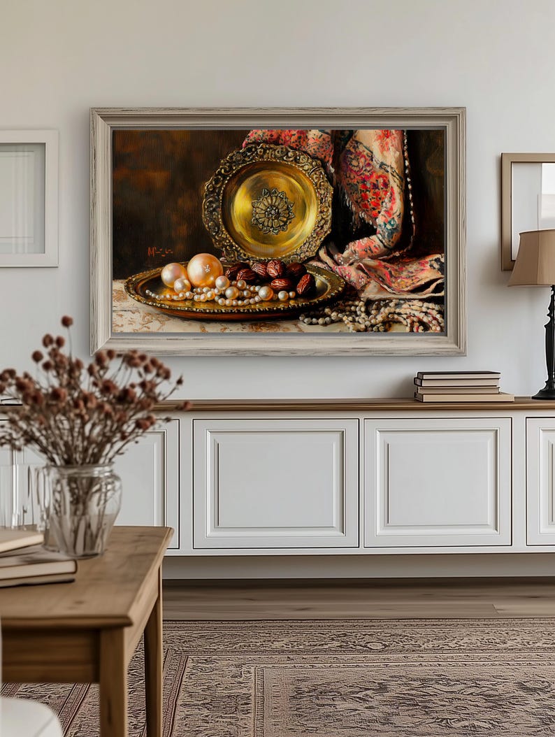 Classical still life painting wall art for hallway — moody artwork featuring pearls and ornate textures, ideal for sophisticated decoration.