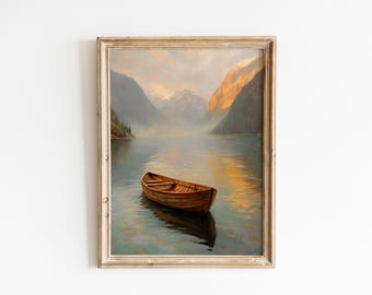 Moody Norwegian Fjord Print, Printable Wooden Rowboat Wall Art, Serene Coastal Landscape, Rustic Vintage Decor, Digital Download 522
