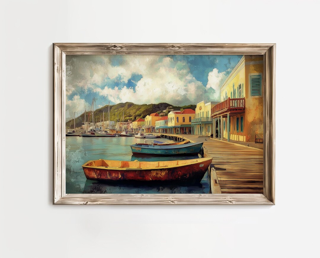 Vintage Coastal Harbor Scene Printable - Colorful Rowboats, Tropical ...