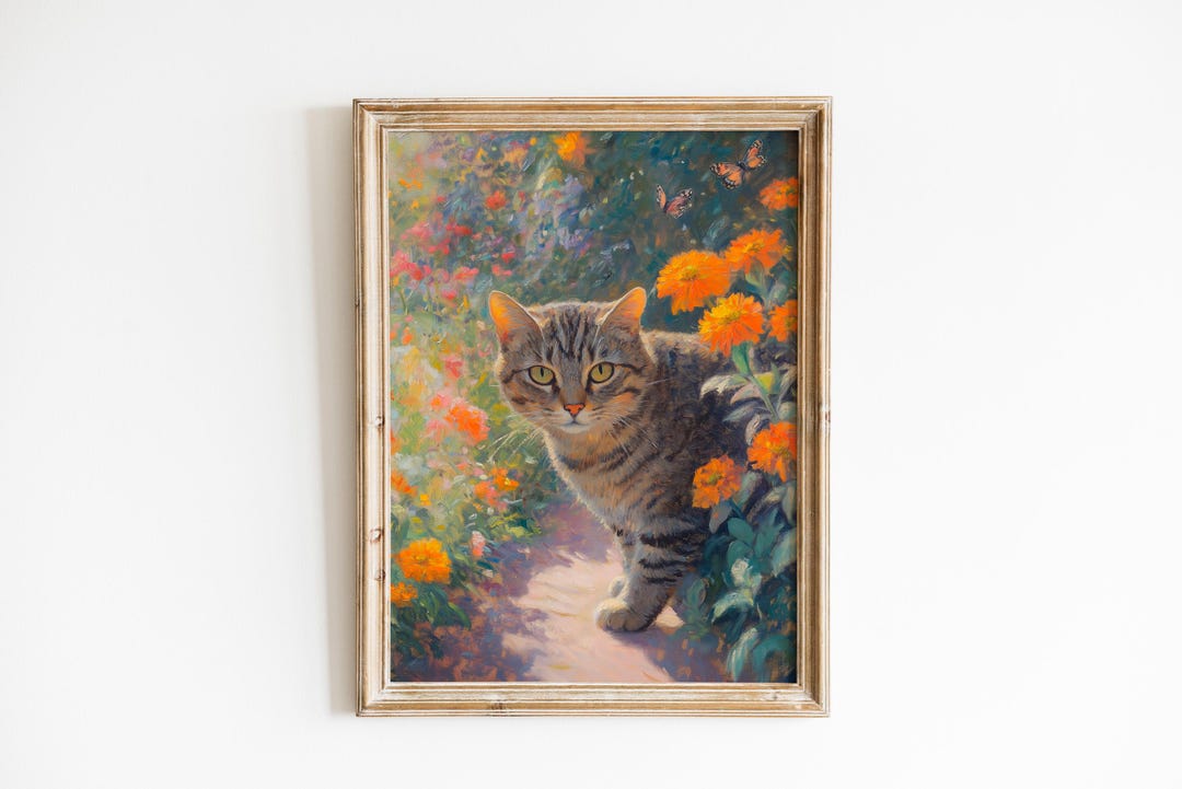 Cottagecore Printable Grey Tabby Cat Art - Cozy Vintage Wall Decor ...