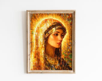 Vintage Madonna with Golden Halo - Sacred Icon Print, Spiritual Wall Art, Mixed Digital Religious Decor, Gilded Icon Painting Download 143