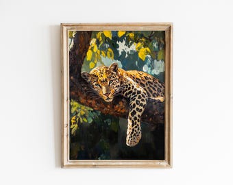 May include: A framed painting of a leopard resting on a tree branch. The leopard has a spotted coat and is lying down with its head and front paws visible. The background features green and yellow foliage.