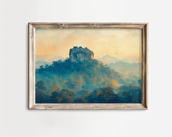 Sigiriya Lion Rock Vintage Landscape - Moody Sunrise Scene, Tropical Jungle Atmosphere, Printable Travel Decor, Digital Wall Art 218