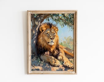 May include: A framed painting of a lion resting under a tree. The lion has a golden mane and is lying down. The painting has a vintage style with a light brown wooden frame and a white background.