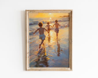 Coastal Children Running at Sunset - Printable Beach Wall Art, Warm Nostalgic Scene, Impressionistic Family Decor, Digital Download 99