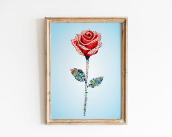 Impressão moderna de uma única rosa vermelha sobre fundo azul claro - Arte botânica minimalista, estampa floral contemporânea vibrante, download de colagem digital 109
