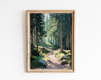 May include: A framed landscape painting depicts a sunlit path winding through a dense forest. The artwork features tall, green trees and a pathway, with a warm, golden-brown frame.