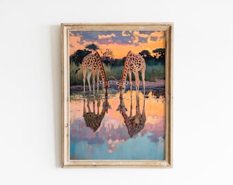 May include: Framed artwork featuring two giraffes drinking from a body of water, their reflections mirroring them. The painting has a warm color palette of orange, yellow, and blue, with a sunset sky and a wooden frame.