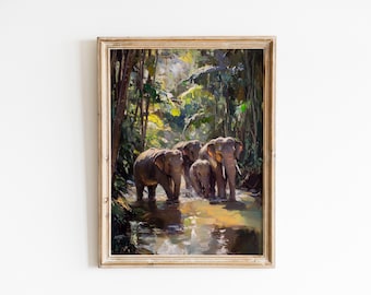 May include: A framed painting depicts a family of elephants wading through a river in a lush, green jungle. The artwork features a warm color palette with highlights of yellow and brown, creating a serene and naturalistic scene.