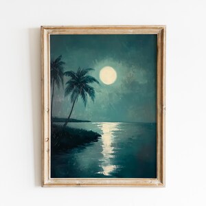 Vintage Coastal Moonlit Bay Painting - Moody Tropical Night Seascape, Tranquil Beach Art with Palm Trees, Printable Digital Download 186