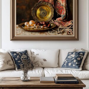 Antique pearls artwork for entryway — realistic still life with intricate plate, rich textures, and a vintage, moody atmosphere.