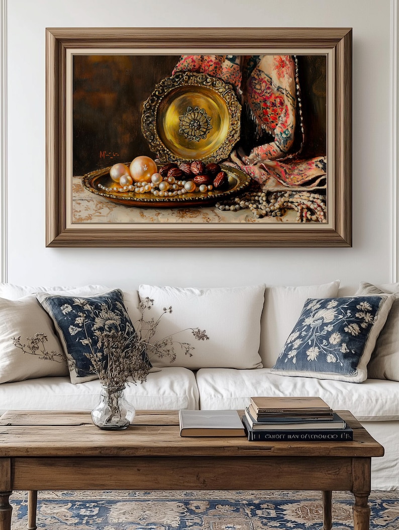 Antique pearls artwork for entryway — realistic still life with intricate plate, rich textures, and a vintage, moody atmosphere.