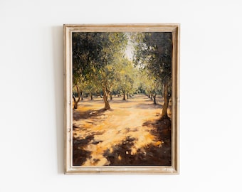 Pintura de paisagem rústica de olival - Arte mediterrânea aconchegante, árvores ensolaradas em estilo impressionista, decoração digital tranquila para impressão 837