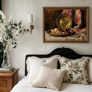 Decorative brass plate art for dining area — elegant composition with pearls and warm antique tones, enhancing classic interior design.