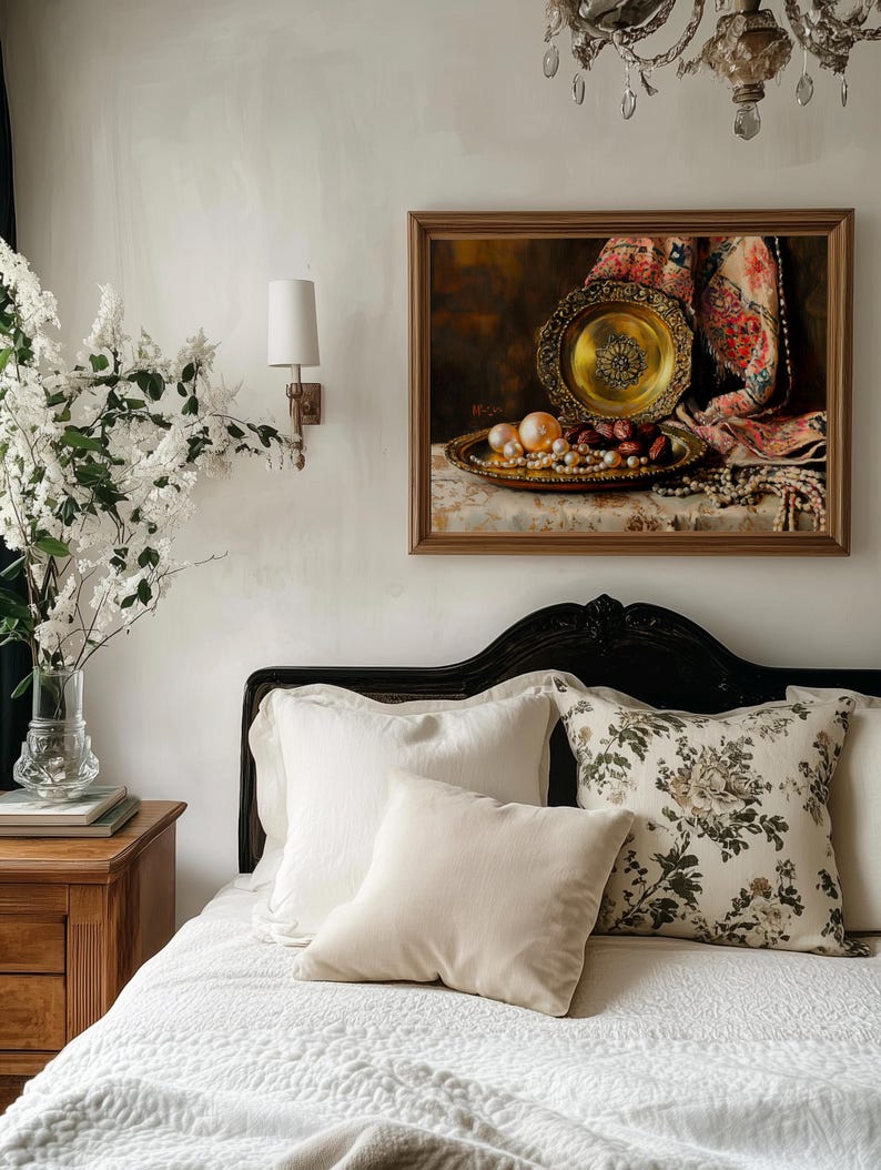 Decorative brass plate art for dining area — elegant composition with pearls and warm antique tones, enhancing classic interior design.