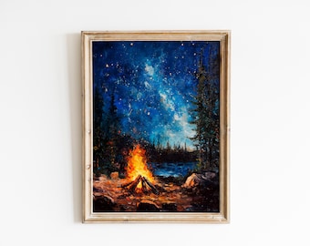 Printable Nightscape Wall Art - Cozy Campfire by Mountain Lake, Celestial Night Scene, Rustic Outdoor Setting, Starry Sky Download Art 965