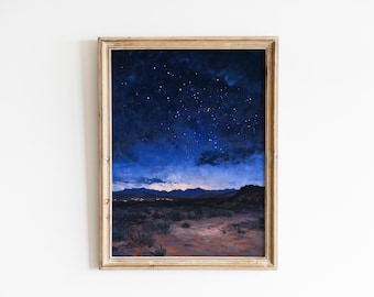 Celestial Nightscape Printable - Moody Desert Starry Sky, Dramatic Indigo Painting, Serene Night Landscape Art, Digital Download 785