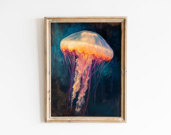 Moody Jellyfish Glow Printable - Luminous Ocean Art, Dreamy Nautical Wall Decor, Modern Painterly Style, Digital Download Painting 1230