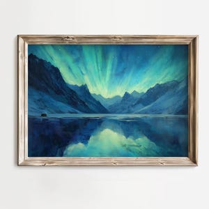May include: A framed landscape painting showing mountains reflected in a lake beneath an aurora borealis. The artwork uses blue, teal, and green hues, and is presented in a rustic wooden frame.