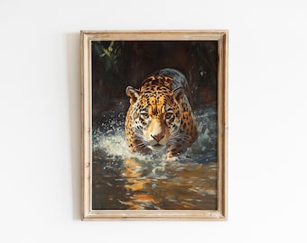 May include: Framed art print of a jaguar walking through water. The jaguar has a tan coat with black spots and is the focal point of the artwork. The water reflects the jaguar and the surrounding environment, creating a dynamic and realistic scene.