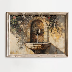 Vintage Mediterranean Courtyard Fountain Art - Rustic Garden Scene, Moody Ivy-Clad Wall Decor, Textured Painting Printable Download 97