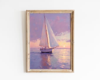 Serene Sailboat at Twilight - Tranquil Nautical Wall Art, Pastel Coastal Landscape, Romantic Seascape Painting, Printable Artwork 1346