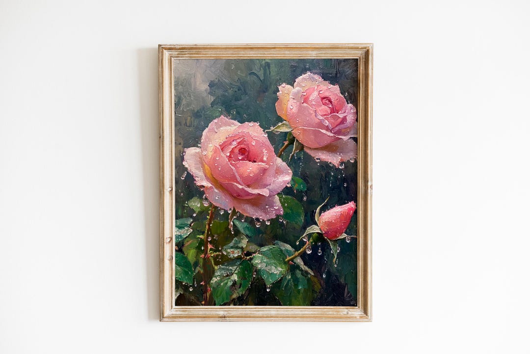 Romantic Moody Pink Roses Painting - Vintage Cottagecore Floral Art ...