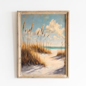 Stranddünen mit Seehafer und türkisblauem Wasser, Nordische Kunst zum ausdrucken, Digitale Strandlandschaft - Download 204