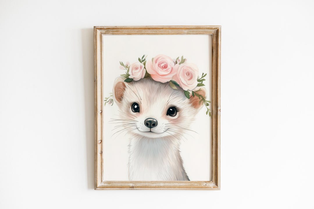 Cottagecore Stoat Kit Portrait - Adorable Nursery Wall Art, Pastel ...