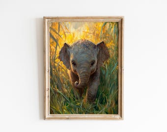 May include: Framed artwork featuring a baby elephant emerging from tall grass. The elephant is gray with large ears and a curled trunk. The artwork has a warm, golden light and is set in a rustic, wooden frame.