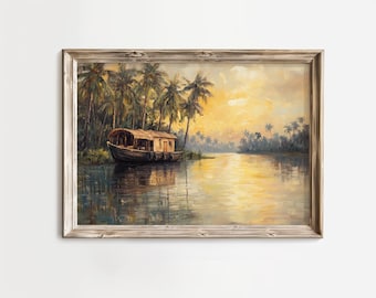 Vintage Kerala Houseboat Painting - Tropical Coastal Landscape Art, Serene Sunset Scene, Rustic Cottagecore Decor, Digital Download 165