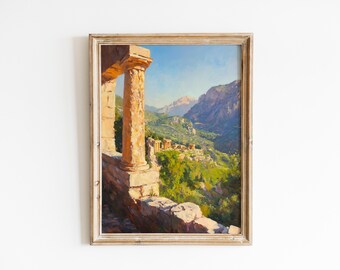Pintura de las ruinas griegas de Delfos, arte paisajístico mediterráneo antiguo, impresión de viajes clásicos, escena dramática iluminada por el sol, imprimible 826
