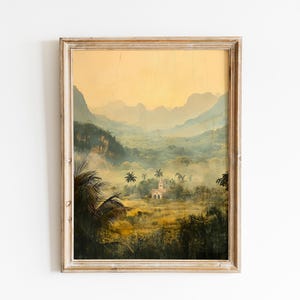 Tranquil Tropical Valley at Dawn - Misty Vintage Landscape, Watercolor-Inspired Palm Trees, Retro Printable Cottage Wall Art, Digital 74
