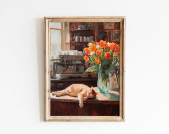 Vintage Cozy Cat Painting, Relaxed Ginger Cat with Tulips Printable, Cottagecore Wall Art, Warm Domestic Decor Scene, Digital Download 972