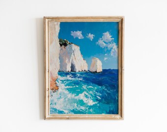 Arte imprimible de los acantilados blancos de Zakynthos: espectacular paisaje marino mediterráneo, olas turquesas, decoración náutica costera, descarga instantánea 934