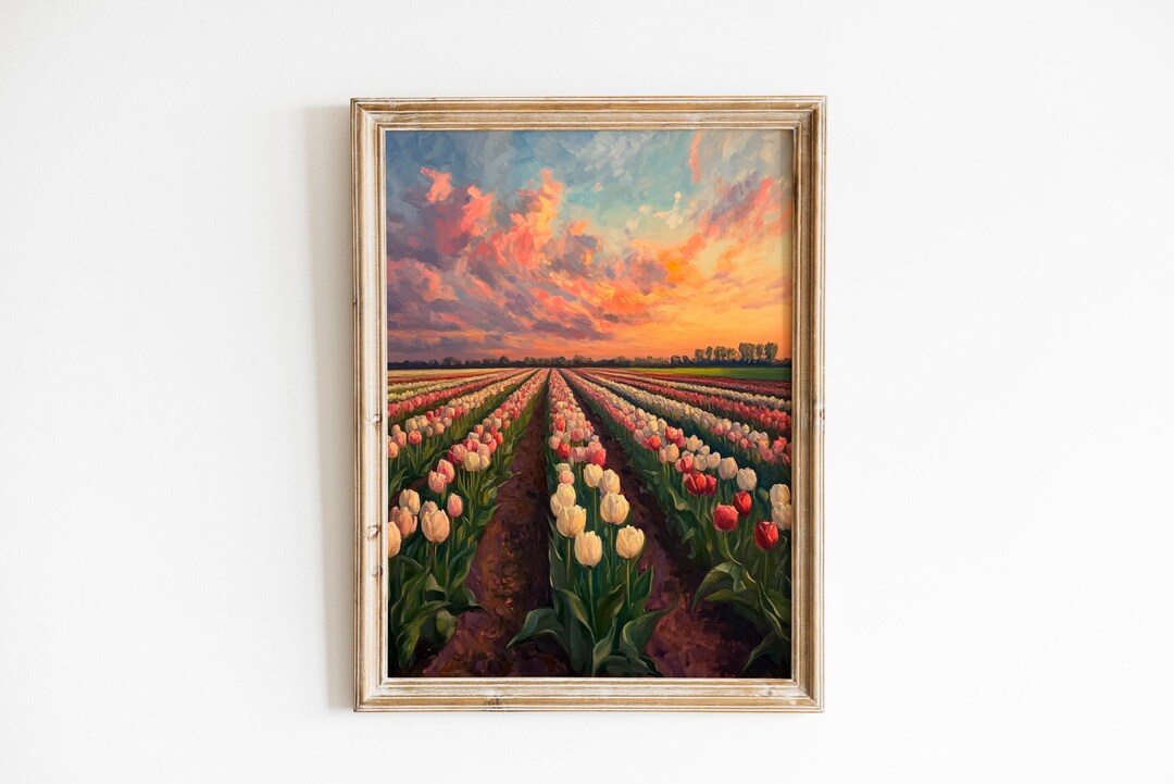 Tulip Field Printable Art - Serene Sunrise Landscape Painting, Romantic ...
