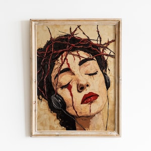 May include: An artistic framed portrait of a person with closed eyes, wearing headphones and a crown of thorns. Red lipstick and blood-like streaks are visible. The artwork has a vintage, textured appearance.