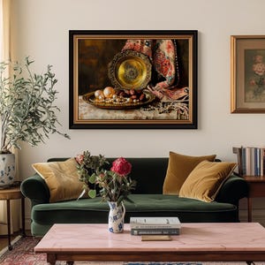 Elegant still life digital print for bedroom — lush pearls and brass art highlighting vintage warmth and traditional charm.