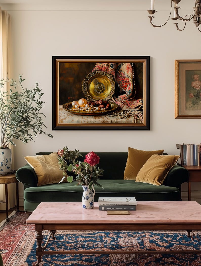 Elegant still life digital print for bedroom — lush pearls and brass art highlighting vintage warmth and traditional charm.