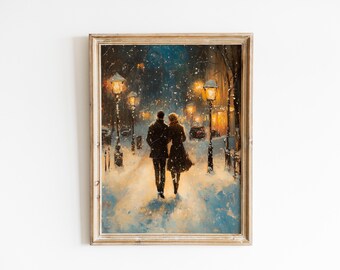 Romantic Snowy Stroll - Moody Night Scene, Impressionistic Winter Art, Cozy Street Lamps, Couple Walking, Printable Wintry Wall Decor 1028