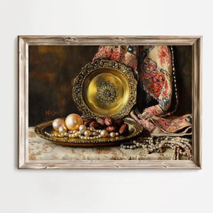 Vintage pearl display poster for home office — exquisite artwork with intricate textures and warm colors, inviting elegance to your decor.