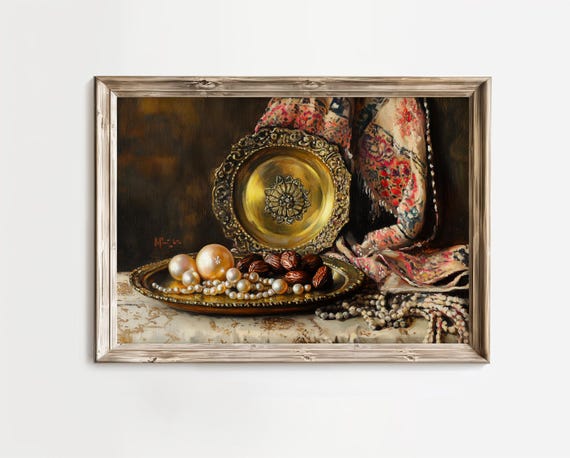 Vintage Brass Tray with Pearls - Printable Moody Still Life Art, Elegant Antique Decor, Luxurious Textured Wall Art, Digital Download 276