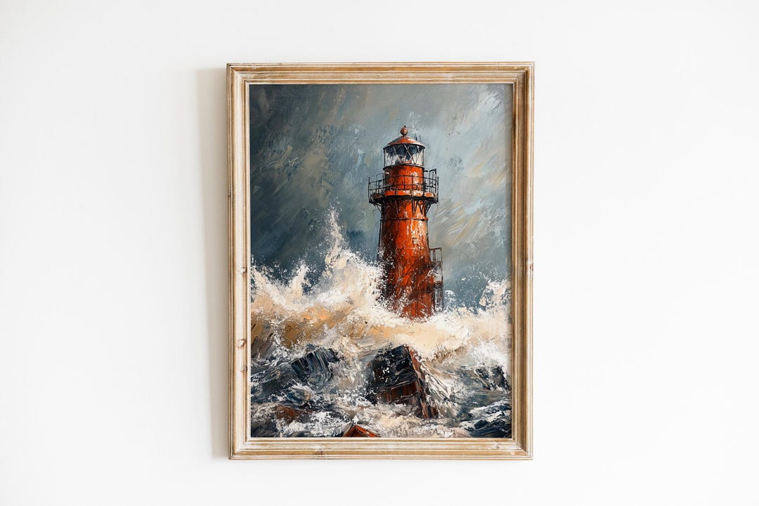 Rustic Iron Lighthouse in Storm - Moody Coastal Scene, Dramatic Vintage ...