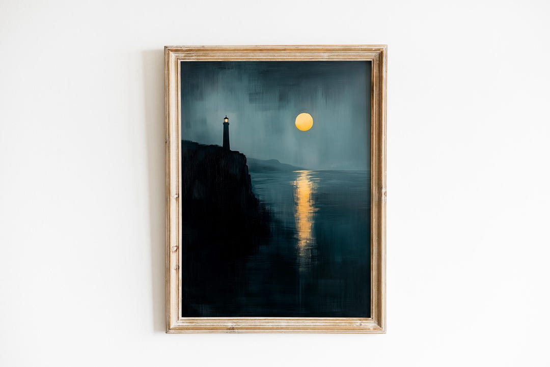 Moonlit Seascape With Lighthouse - Moody Nautical Nightscape, Coastal ...