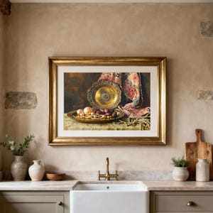 Classic still life printable art for kitchen — finely rendered pearls and warm antique tones, adding sophistication to any space.