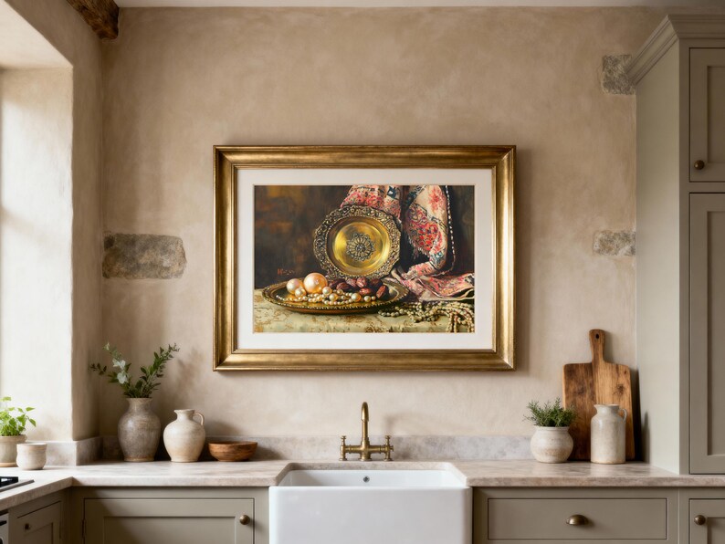 Classic still life printable art for kitchen — finely rendered pearls and warm antique tones, adding sophistication to any space.