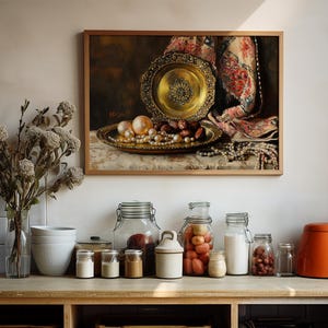 Elegant pearl artwork for living space — vintage still life featuring a brass tray and textured elements, perfect for luxurious home styling.